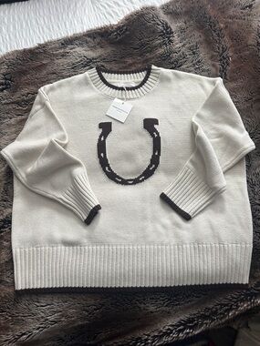 SOHO & STELLA horseshoe Cream Sweater with Brown Trim preppy